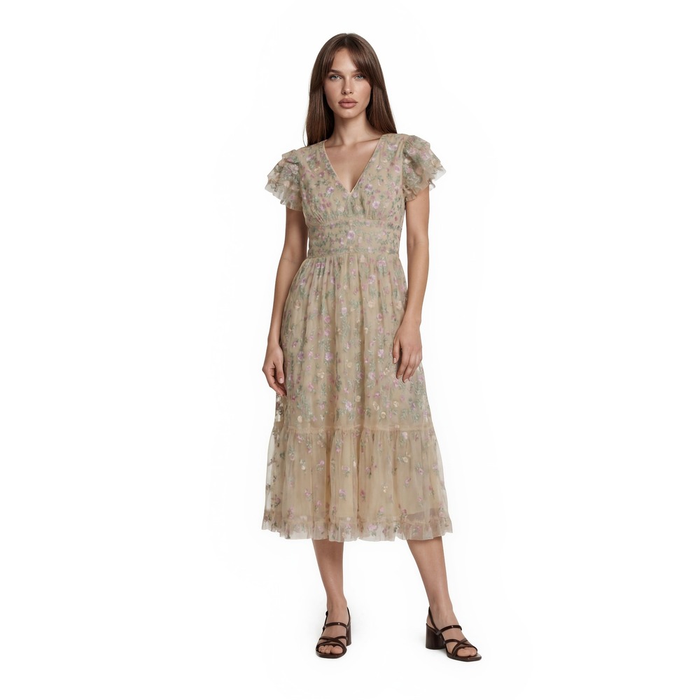 Mac Duggal Beige Floral Midi Dress